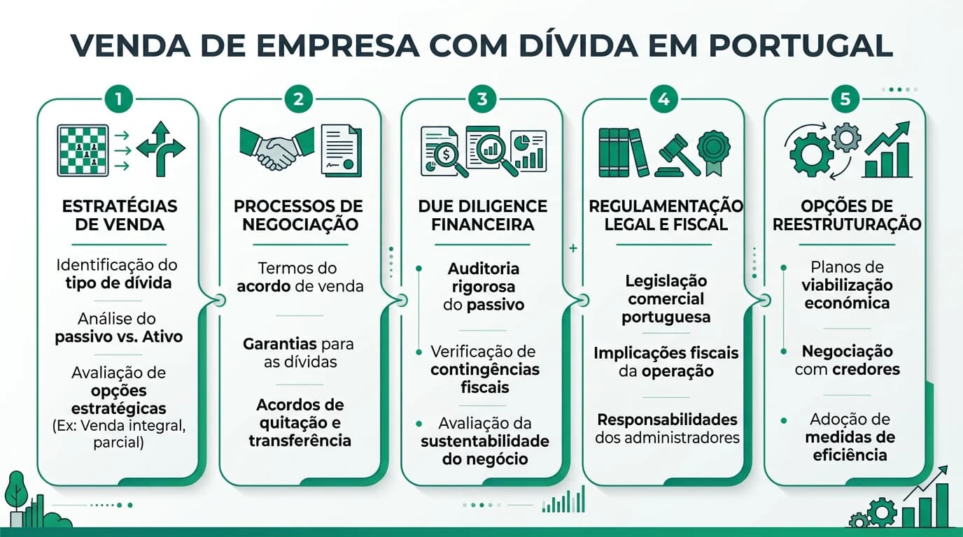 Infográfico sobre venda de empresa com dívida: estrutura da transação, preço líquido vs bruto, acordo com credores e opções para comprador em Portugal.