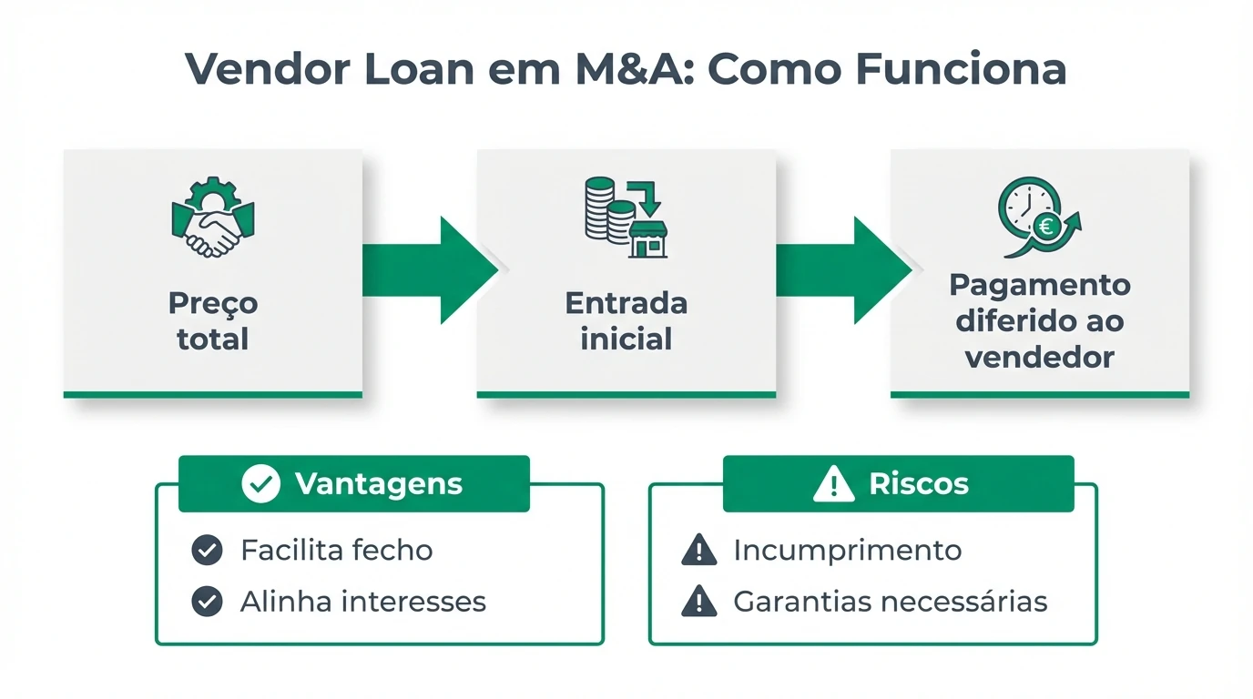 Infográfico que explica como funciona um vendor loan em M&A, mostrando o preço total, entrada inicial e pagamento diferido ao vendedor, com vantagens e riscos.