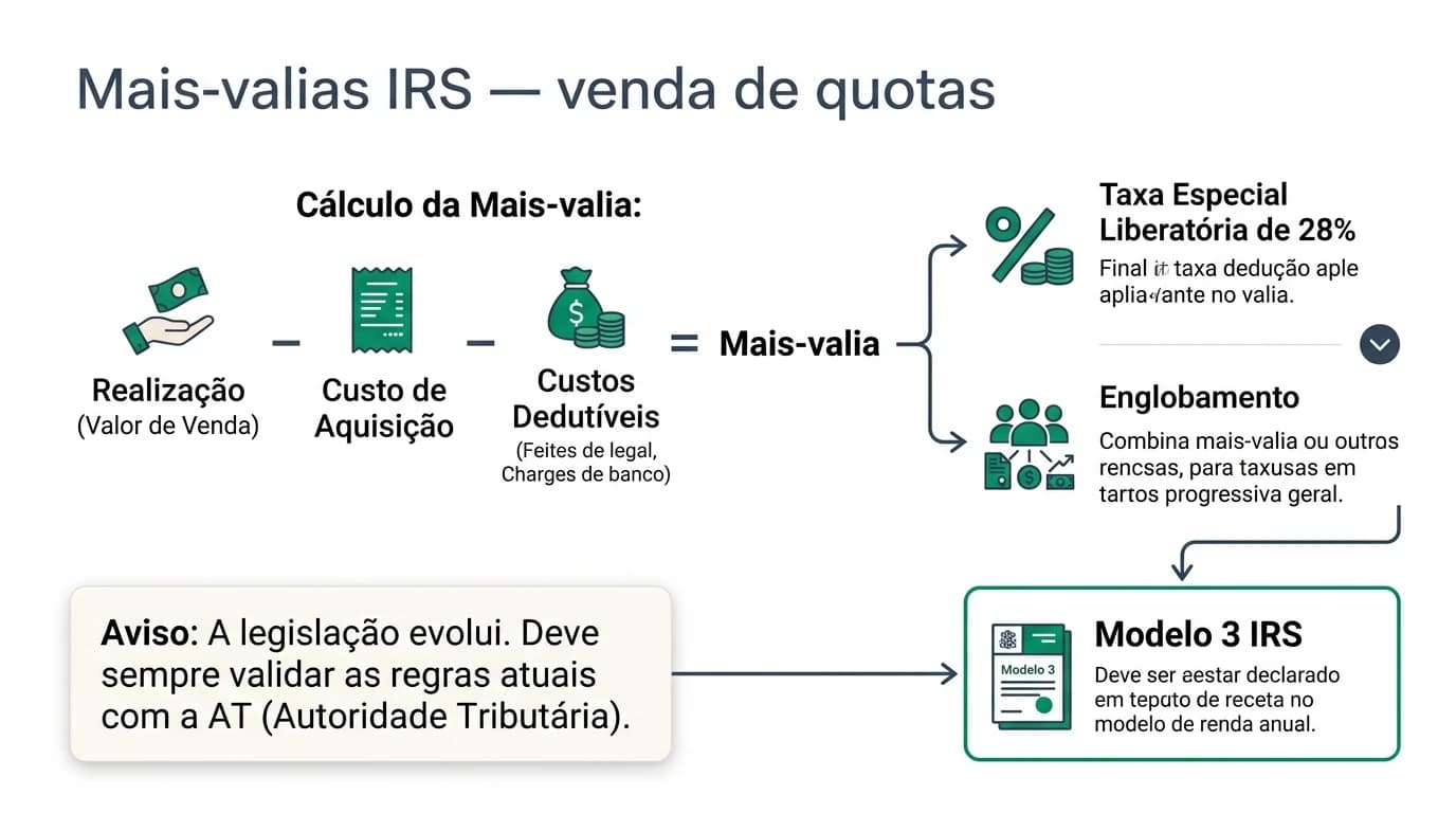 Diagrama da simulação de mais-valias na venda de quotas de Lda: entradas de valor de realização e custo de aquisição, ramificação IRS com artigo 43.º e saída de imposto estimado.